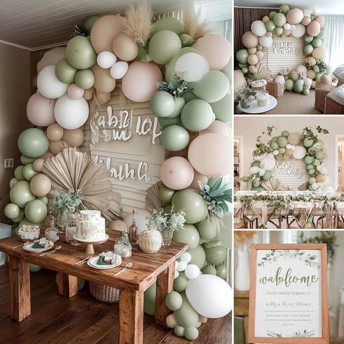 Sage Green White Balloon Garland Double Stuffed Dusty Green Cream Sand White Beige Latex Neutral Balloons Arch Kit for Boho Baptism Baby Shower Birthday Wedding Decoration
