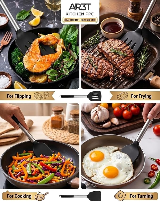 Premium 2-Piece Silicone and Steel Spatula Set, Black Kitchen Utensils with Ergonomic Handles, Professional Cooking Tools