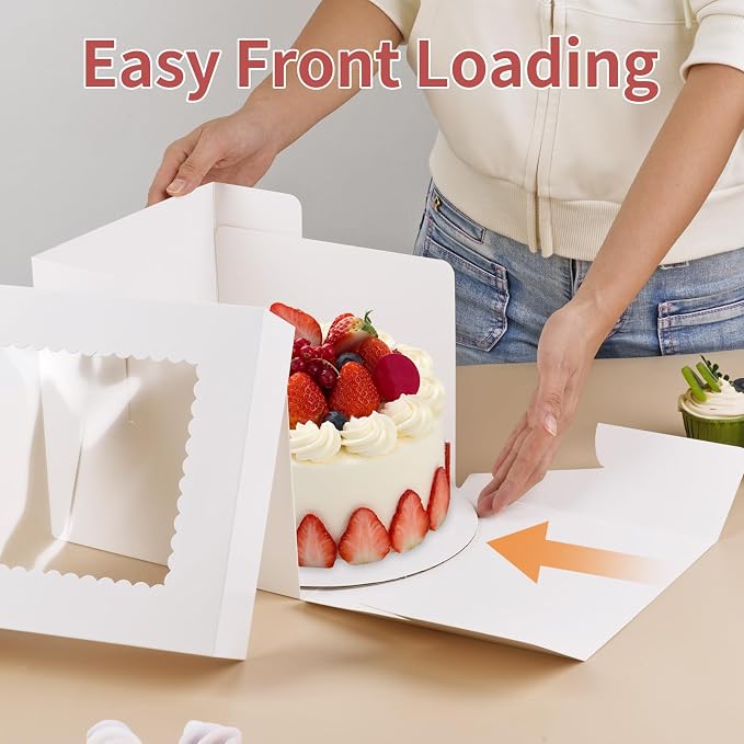 WINKIO Cake Box with Cake Boards, 2 Pack 8 In Disposable Cake Carrier, Cakes Transport Container, White Bakery Holder with Window (2, white, 8x8x8 Inches)