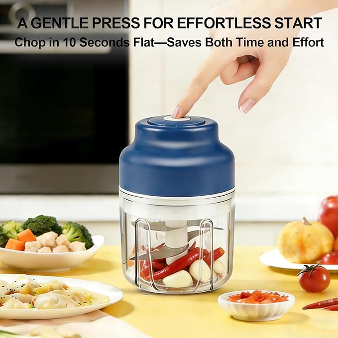 Wireless Electric Garlic Chopper, 10.8oz Mini Chopper Cup with 6 Blades | USB charging keeps meal prep easy, ideal for mincing chopped garlic, onion pieces, chili and herbs in small kitchens.