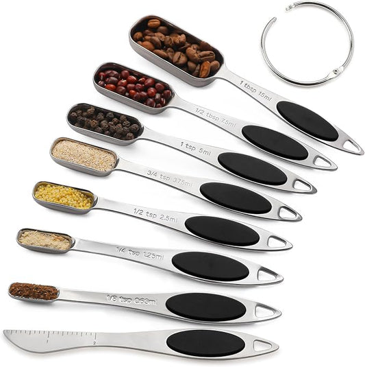Magnetic Measuring Spoons Set Includes 7 Stainless Steel Magnetic Measuring Spoons,Nesting Measuring Spoon Teaspoon with Leveler for Dry or Liquid Ingredients (8, Black)