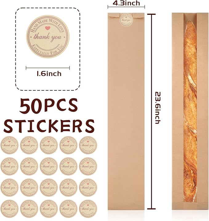 50 Pack Baguette Bags for Homemade Bread with Stickers, Reusable Kraft Paper Bread Bags, Long Sourdough Paper Bag with Clear Front Window