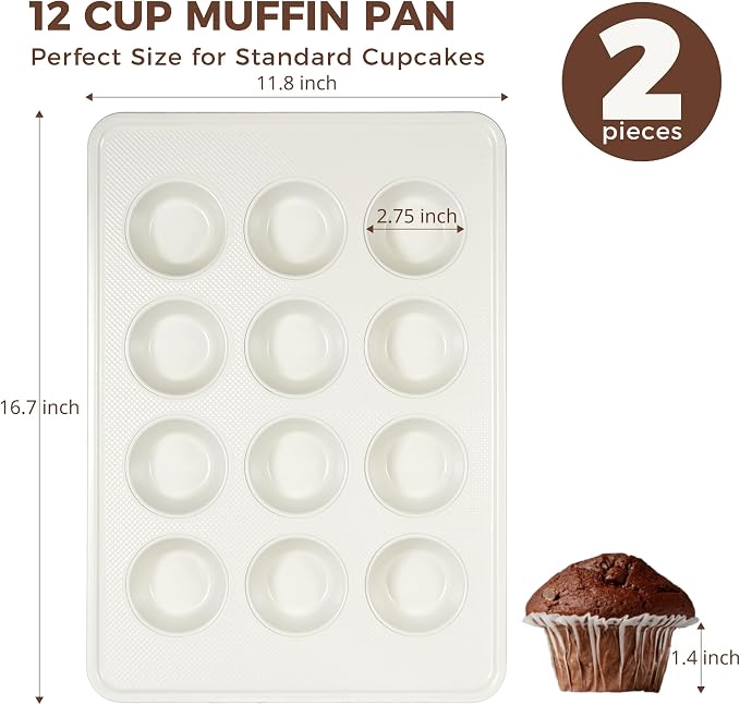 HONGBAKE 2 Pack Nonstick Ceramic Muffin Pan, 12 Cup Muffin tin for Baking, Non-toxic Cupcake Pan, Heavy-duty Aluminized Steel Cupcake Tray with Diamond Texture, Easy To Clean (Cream, 2PCS)