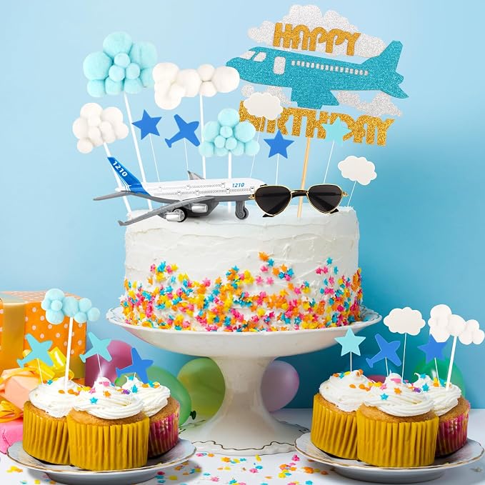 Hooqict 25Pcs Airplane Cake Decorations Set with Mini Plane, Blue White Cloud Happy Birthday Cake Toppers & Cupcake Toppers for Travel Themed Airplane Birthday Party Decorations Supplies