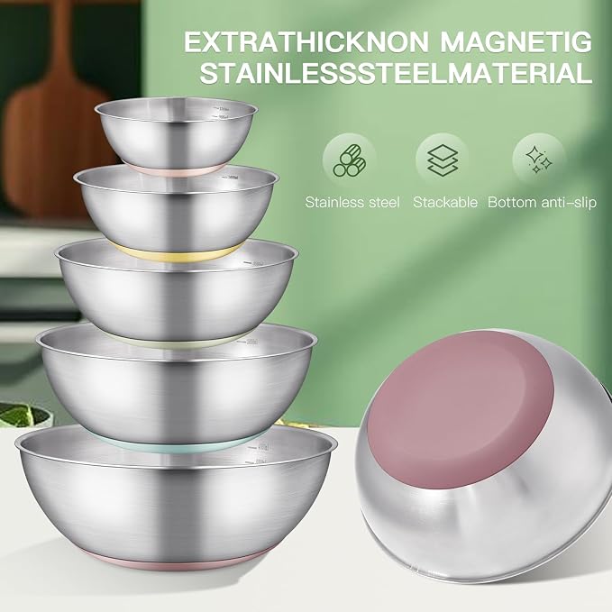 GIUOIDUO Stainless Steel Mixing Bowls Set,5 PCS Metal Mixing Bowls for Baking, Cooking, and Salad Making,Kitchen Meal Preparation,Non-Slip Silicone Bottom