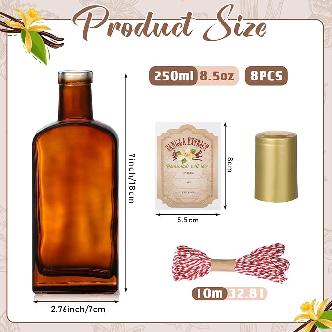 Suclain 8 Pack 8.5 oz Amber Glass Bottle for Vanilla Extract Homemade, Brown Vanilla Extract Bottles with Airtight Lid and Stickers for Syrup Gift Food Storage Canister Christmas Small Gift(Gold)