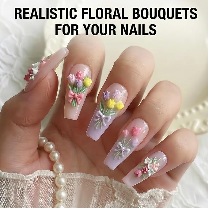 Tulip Flower Nail Art Silicone Mold, 3D Bouquet & Floral Stem Nail Charms Mold, Flexible Reusable Silicone Mold for Acrylic Gel Resin Nail Decoration, DIY Nail Accessories