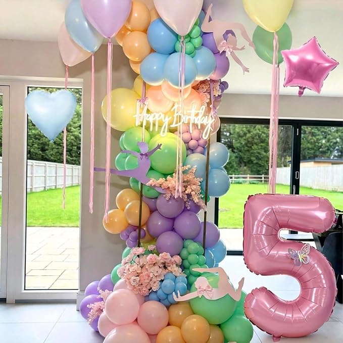 5th Pastel Birthday Party Decorations for Girls Number 5 Balloon Happy Birthday Banner Butterfly Stickers Star Heart Foil Balloons for 5 Year Old Easter Party Decor