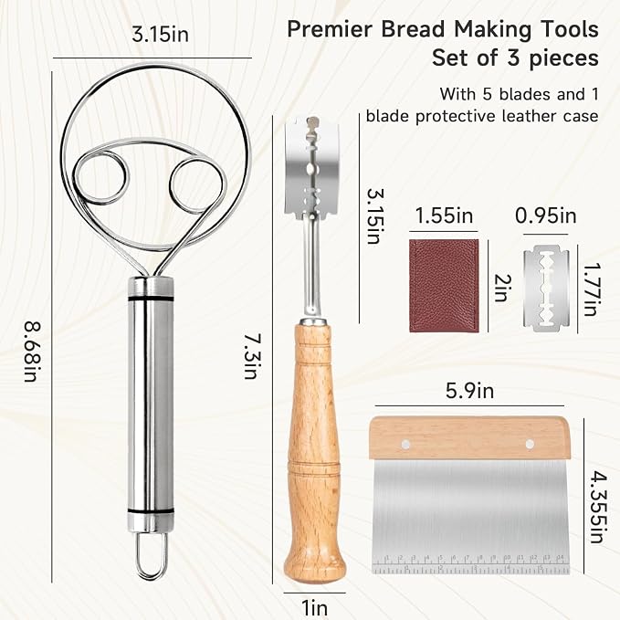 Hand Crafted Bread Lame Premium Sourdough Scoring Tool Bread Making Tools Set of 3 pieces Bread Knife(5 Blades) with Danish Dough Whisk and Dough Scraper Bread Cutter