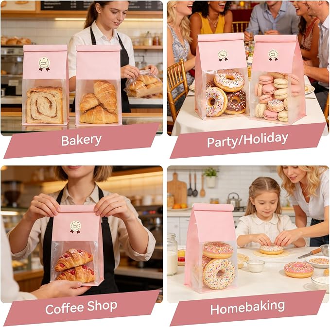 Funcoo 50 Bakery Bags with Window, 5.1x3.9x11 Inches Paper Bread Bags, Tin Tie Tab Lock Cookie Bags Food Storage Bag for Snacks, Popcorn, Candies, 60 pcs Stickers Included
