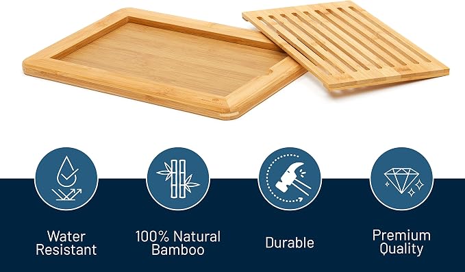 RoyalHouse Large Premium Natural Bamboo Bread Cutting Board with Crumb Tray, Bread Serving Tray for Kitchen