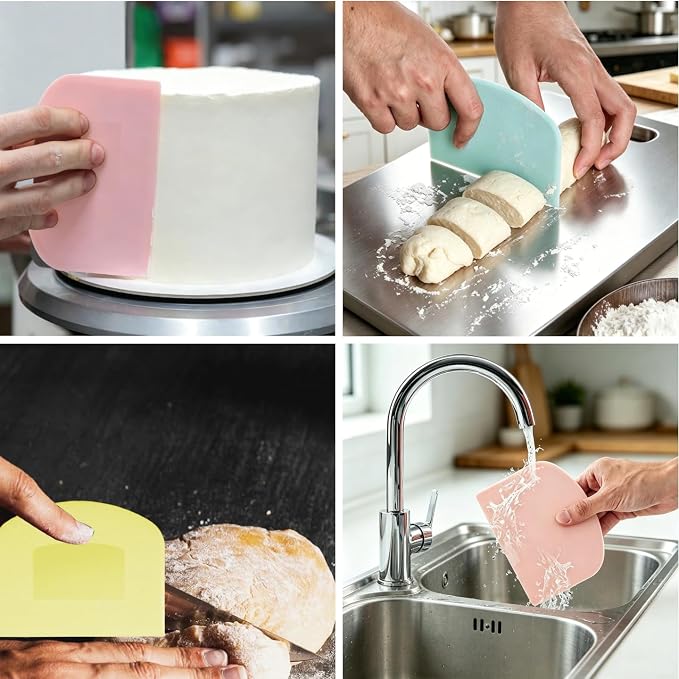 24 Pcs Bench Scraper Dough Scraper for Baking, Food-Safe PE Flexible Bowl Scraper, BPA Free Plastic Dough Cutter Tool for Bread Cake Fondant Icing,（ Light Blue Green Yellow Pink）