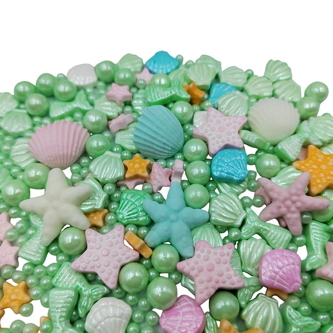 Homankit Mermaid Sprinkle Sweets Sprinkles for Baking Dessert Cupcake Cake Topper Starfish Shell Pearl Mermaid Candy Mix 3.53 Ounces Green
