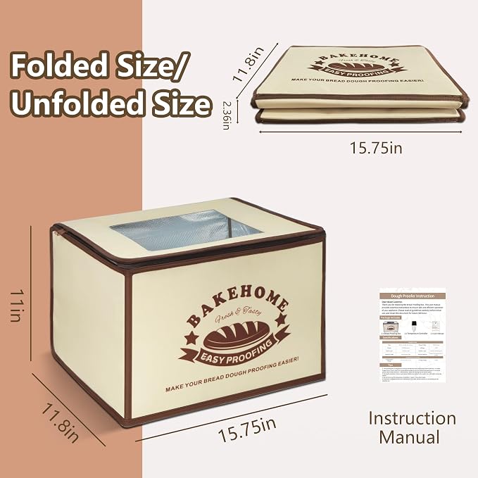 Bread Proofing Box for Bread Pizza, Foldable Zippered Sourdough Starter Warmer Heater w/Adjustable Temperature & Timer Controller, Sour Dough Box Homemade Making Tools Kit Baking Supplies Gifts
