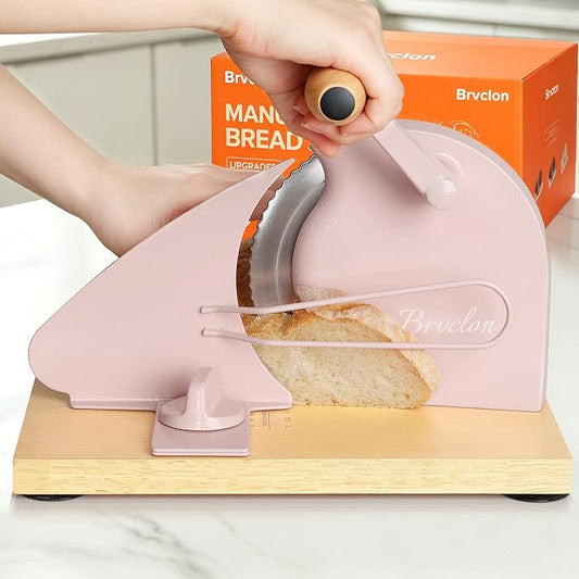 Brvclon Manual Bread Slicer Adjustable Thickness, Hand Crank Bread Slicer for Homemade Sourdough Bread with Scale Line & Suction Cup & Metal Guide,Quality Solid Wood Base & Gift-Level Packaging