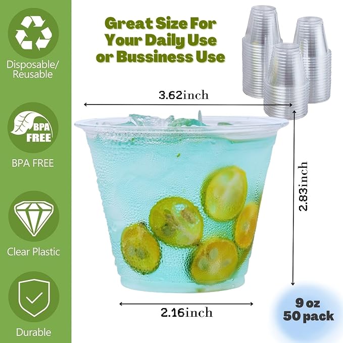 [50 Pack] 9 oz Clear Plastic Cups, Disposable Crystal Drinking Cups, PET Plastic Party Cups for Wedding, Cocktail, Thanksgiving, Christmas Day