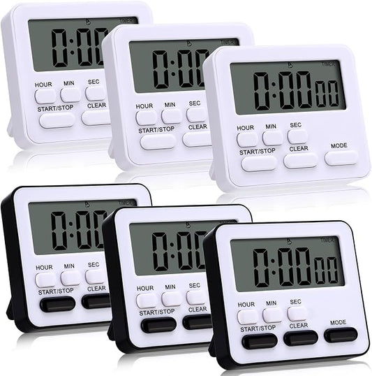 Leumoi 6 Pcs Digital Kitchen Timer 24 Hour Clock and Alarm Function Timer On/Off Switch Minute Second Count up Countdown Loud Alarm for Exercise Cook Baking(Black and White)