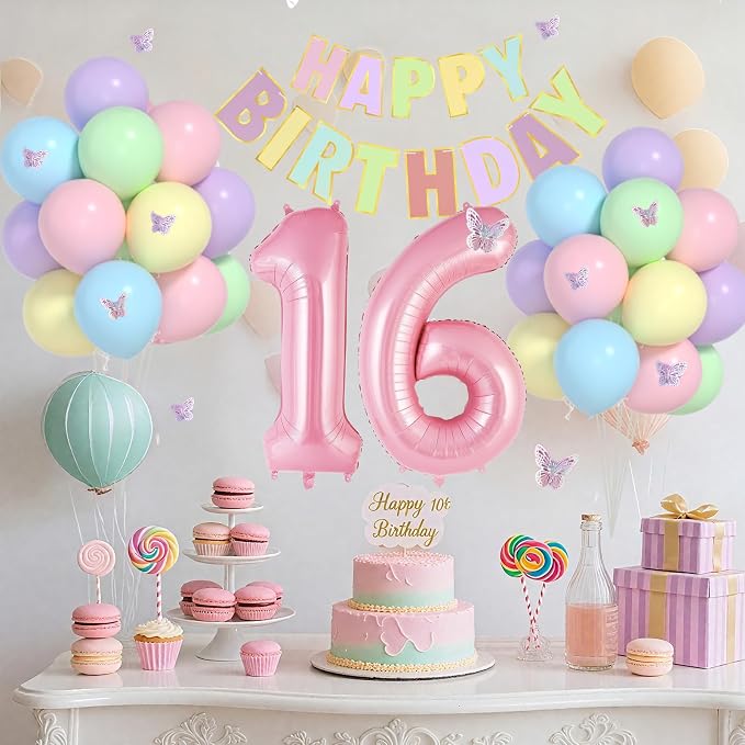 16th Birthday Decorations For Girls- 12 Inch Pastel Balloons, 32 Inch Pink 16 Balloon, 3D Butterflies Stickers, Happy Birthday Banner For Girl Sweet Sixteen Party Decorations