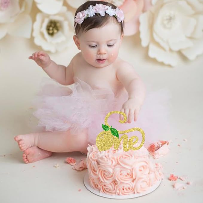 Rsstarxi 1 Pack One Lemon Cake Topper Glitter Happy 1st Birthday Cake Pick for Baby Shower First Birthday Party Cake Decorations Supplies