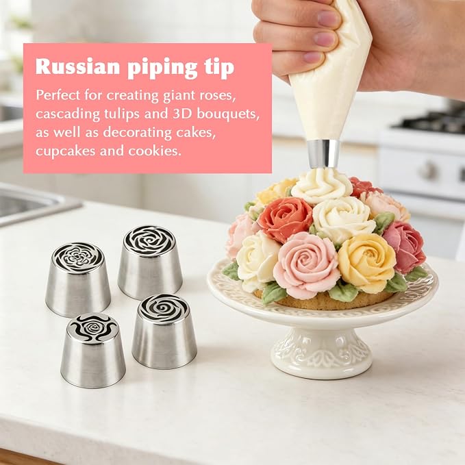 Large Flower Russian Piping Tips Set, Stainless Steel Rose Floral Pastry Nozzles for Buttercream Cupcakes Cookies Fondant, Include 4 Flower Frosting Nozzles Icing Tips and 1 Cleaning Brush