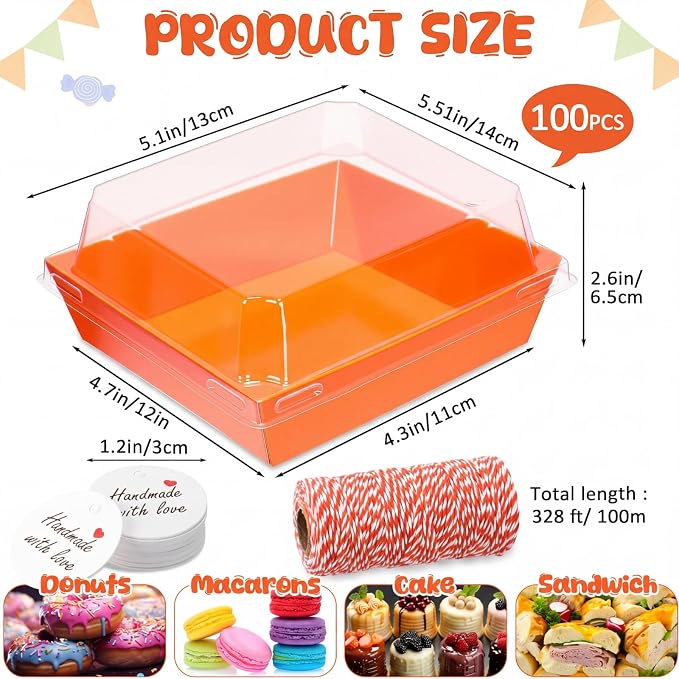 Outus 100 Pack Charcuterie Boxes with Clear Lids, 5.5 x 5.1 '' Paper Dessert Boxes to Go with Gift Tags Rope Disposable Food Containers Cookies Donuts Muffins Salad Pastry Halloween Fall Party Treat