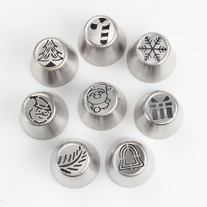 8PCS Christmas Russian Icing Tips Set, Stainless Steel Piping Nozzles for Cake, Cupcake Cookie Decorating – Includes 8 Creative Festive Frosting Tips with Christmas Designs