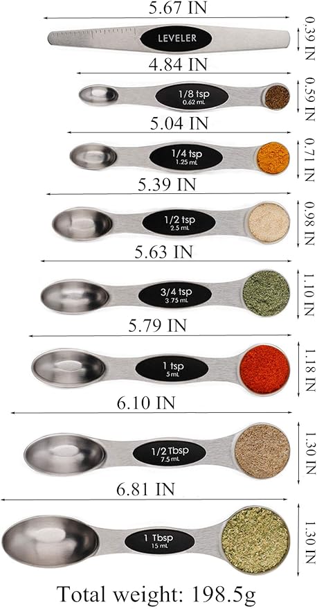 Stainless Steel Baking Tools, Magnetic Double-Headed Measuring Spoons, Seasoning Measuring Spoons With Scraper (8 PCS,Multicolor)