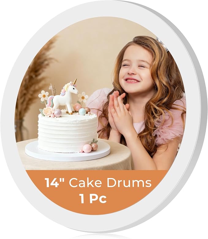 Kootek Cake Boards 14 Inch Round, 1/2 Inch Thick Cake Drum, Sturdy Corrugated Cardboard Base, Base para Pastel, White, 1 Pack