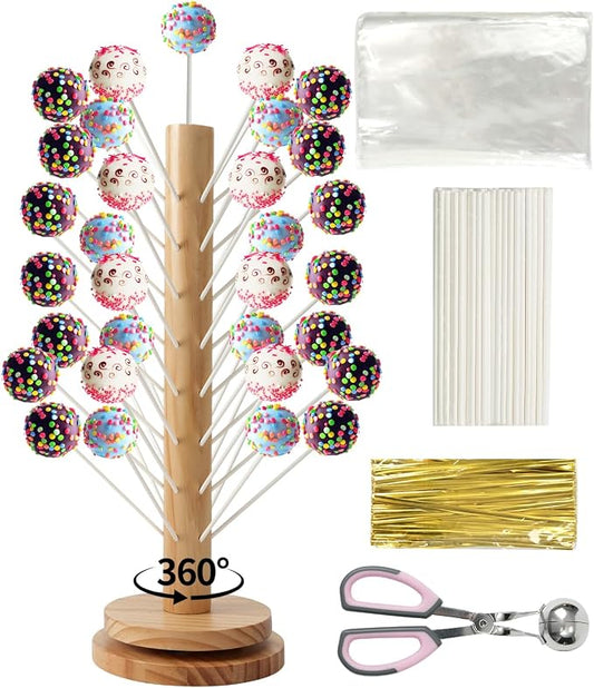 Wood Cake Pop Stand Kit 48 Holes with Spinning Base, Wooden Lollipop Holder Candy Table Display Decorative Dessert Stand with Cake Pop Scooper, Paper Sticks, Clear Treat Bags & Twist Ties