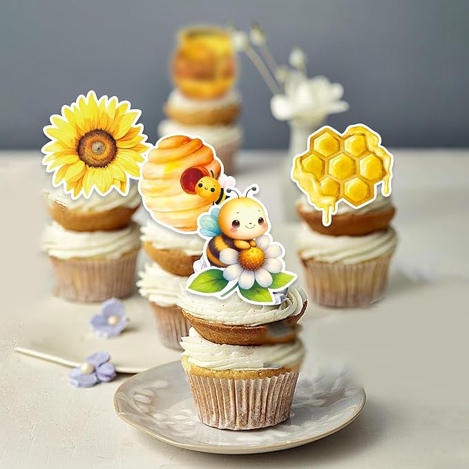 48 PCS Edible Bumble Bee Cupcake Toppers Wafer Paper Oh Babee Cake Decorations for Bee Theme Baby Shower Kids Boys Girls Birthday Cake Party Decoration