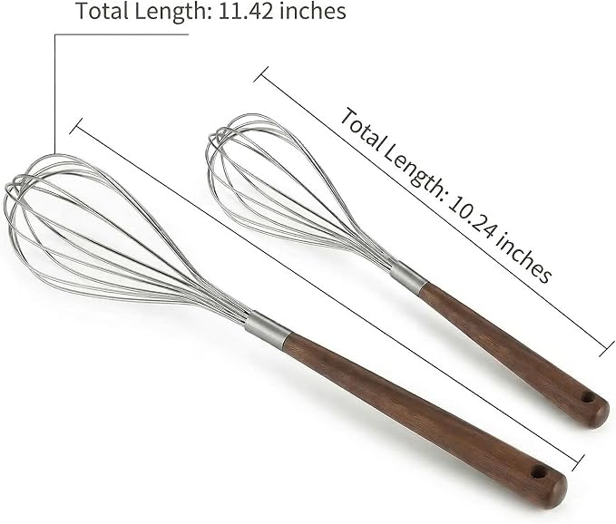 Whisk Set, 2 PCS Stainless Steel Whisk with Walnut Wooden Handle, Kitchen Wire Egg Beater Hand Whisk for Cooking, 11.42" & 10.24"