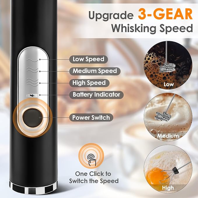 Milk Frother Handheld, Rechargeable Coffee Frother Wand with 2 Stainless Whisks 3 Speeds, Drink Mixer, Electric Foam Maker, Hand Mixer for Lattes, Cappuccino, Matcha, Egg, Black