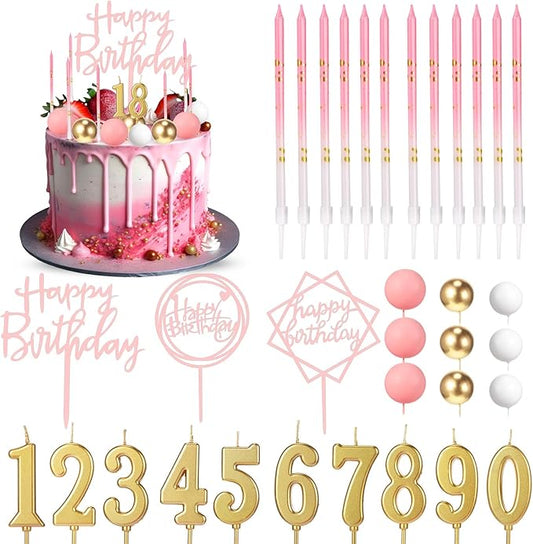 Yerliker 34 Pcs Happy Birthday Cake Toppers Decorations Birthday Candles DIY Cake Decor for Men Women Wedding Anniversary(Pink)