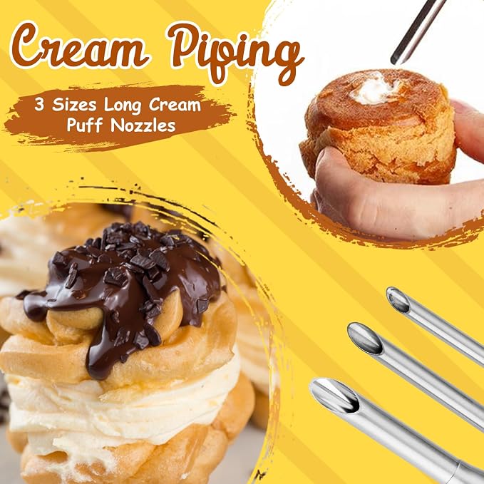 Kasmoire 3Pcs Cream Icing Piping Nozzle Tips,Stainless Steel Long Puff Nozzle Tip With 10Pcs Disposable Piping Bags,Puff Pastry Filling Cake Decorating Tools
