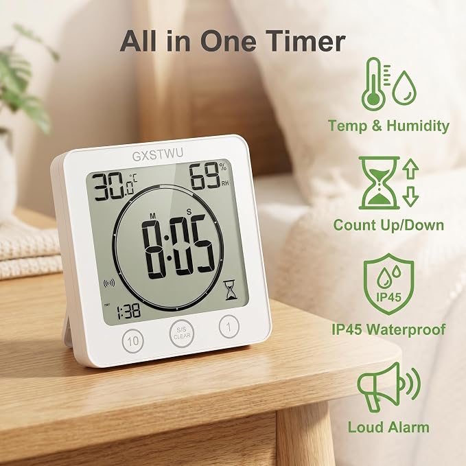 Digital Shower Clock, Bathroom Timer Clock, Waterproof for Water Spray, Count Up Count Down Alarm, Touch Screen Timer, Temperature Humidity, Wall Clock Magnet, Suction Cup, Hang, Stand (1pack)
