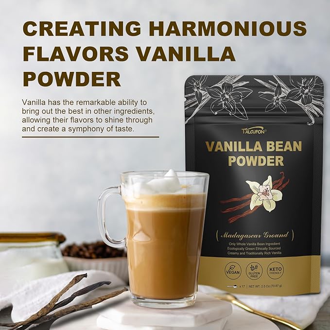TALCUFON Madagascar Ground Vanilla Bean Powder, 100% Ground Vanilla Beans, No Fillers and Additives, Gluten Free, Non-GMO Great for Coffee, Baking, Shakes 2.5 Oz (Pack of 2)