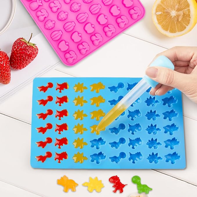 3Pcs Gummy Candy Molds - Silicone Mini Gummy Bear/Dinosaur/Fruit Snack Molds with 2Pcs Dropper,Non-stick and Bpa Free for Candy Chocolate Gummies Baking