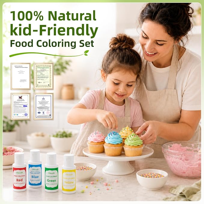 Natural Food Coloring - FD&C & Artificial Dye Free Formula Color 4x20ml Large Bottle Natural Food Dye Set for Icing Frosting Cake Baking Easter Egg Fondant Cooking Decorating - 0.7 Fl. oz/Bottles