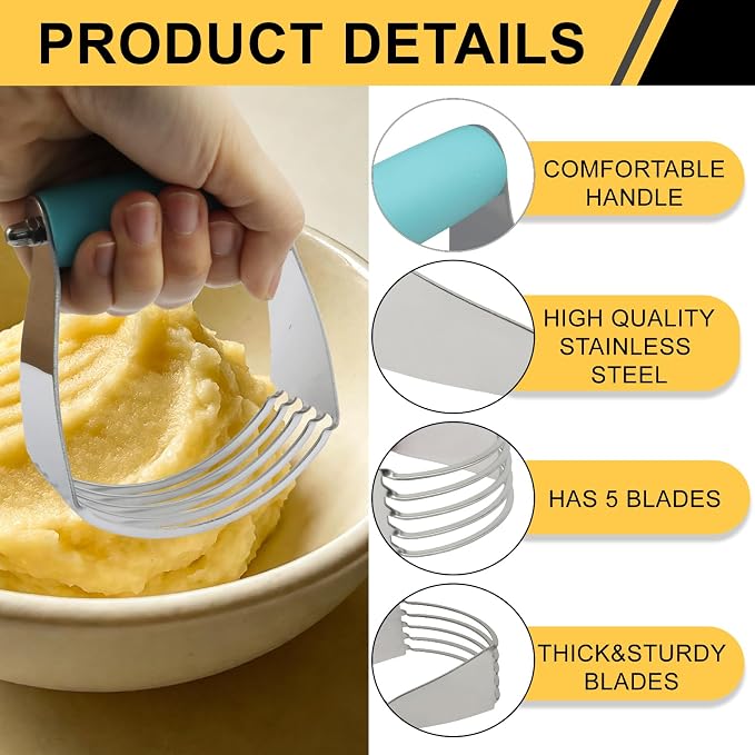 Pastry Shortening Blender Cutter,Stainless Steel Dough Masher for Butter Biscuit,Baking Kneading Dough for Flakier and Fluffier Pie Crusts/Almond(Turquoise)