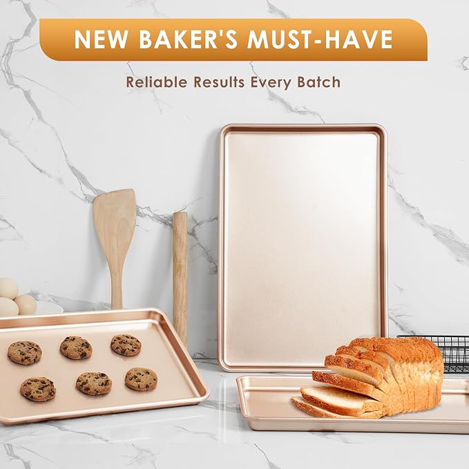 Baking Sheet Pan Set of 3, Nonstick Commercial Cookie Sheets for Baking | Half/Quarter/Jelly Roll Pans Replacement Toaster Oven Tray, Heavy Duty & Easy Clean, Rose Gold