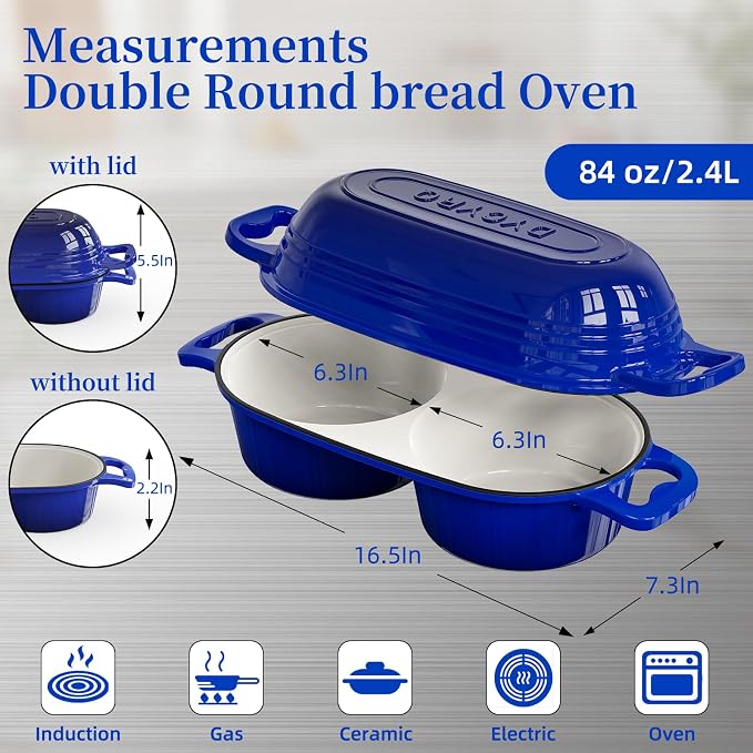 Dutch Oven For Sourdough Bread Baking – Enameled Cast Iron Dutch Oven Pot with Lid, Double Bread Loaf Pan – 500°F Oven Safe Non Stick Bread Pot for Homemade Bread, Meatloaf, Cake, Round Loaf Space, Even Heating–Dark Blue
