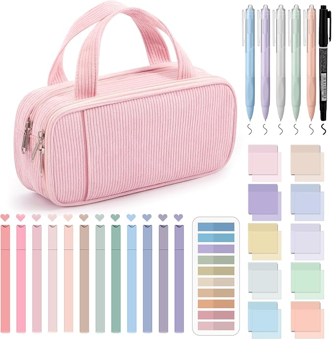 Jutom 39 Pcs Aesthetic Book Annotation Kit Highlighter with Case Bag Gel Pen Transparent Sticky Notes for Office, Journaling, and Note Taking (Pink, Classic Style)