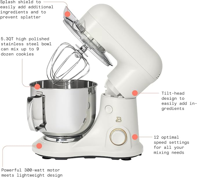 IT'S BRAZILIAN Beautiful 5.3 Qt Stand Mixer, White Icing with Flat Beater, Dough Hook, Balloon Whisk