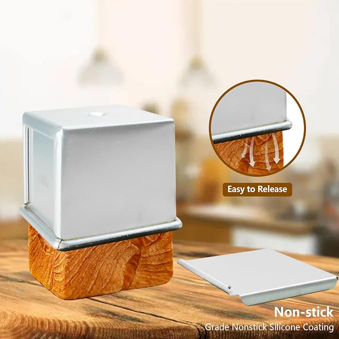 Pullman Loaf Pan with Lid Non-stick Square Smooth Toast Box Aluminized Steel Bread Pan with Lid,3.94x3.94x3.94in(10CM)