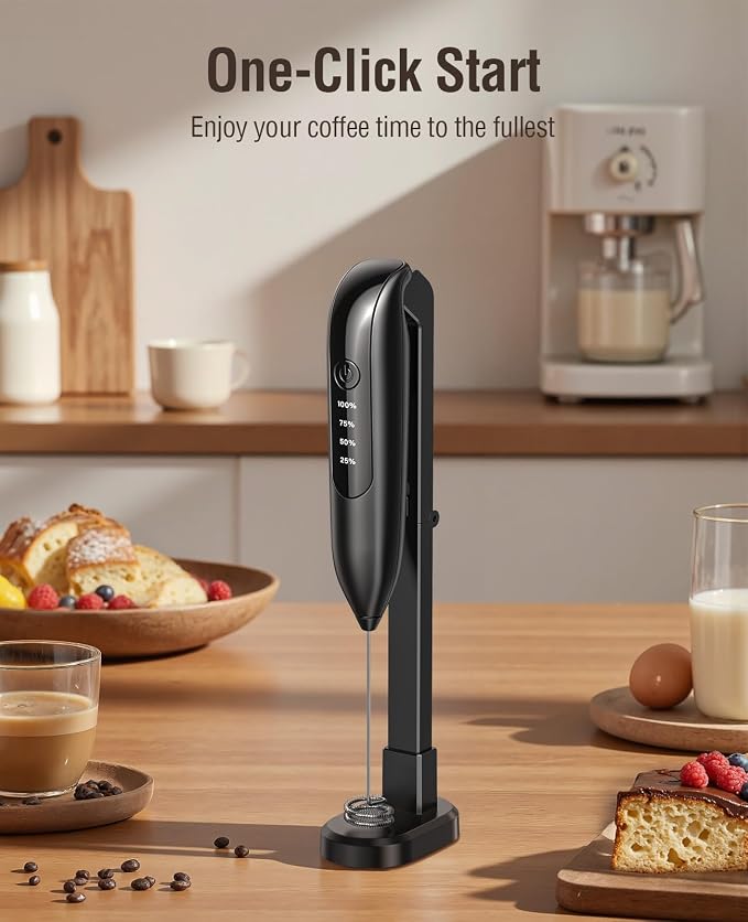 Electric Milk Frother Handheld: coffee frother rechargeable 𝟑 𝐢𝐧 𝟏 - LED Display, Adjustable Wireless Charging - 3 Speeds, Stainless Steel Whisk for Latte, Cappuccino - Bright Black