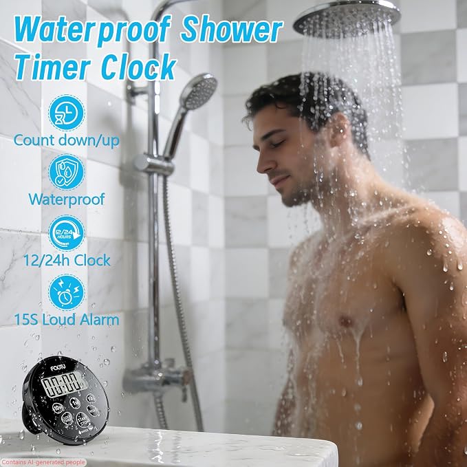 Digital Waterproof Shower Clock Timer, Bathroom Shower Countdown Timer with Alarm, Magnetic Back, Stand for Kitchen Cooking Dark Black