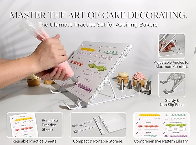 Upgraded Cake Practice Decorating Board with Adjustable Stand Thickened Waterproof, 23 Sheets Icing Piping Nozzles Practice Drawings Cake Decorating Kit Baking Supplies for Beginner Home Baker