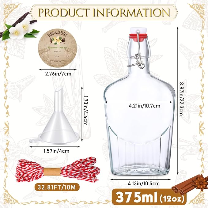 Uiifan 2 Pack 12 oz Vanilla Extract Bottles with Swing Top Flask Whiskey Pocket Clear Glass Flask for Homemade Vanilla Extract Lemon Kombucha Water Apply Christmas Wedding Gift (Clear)