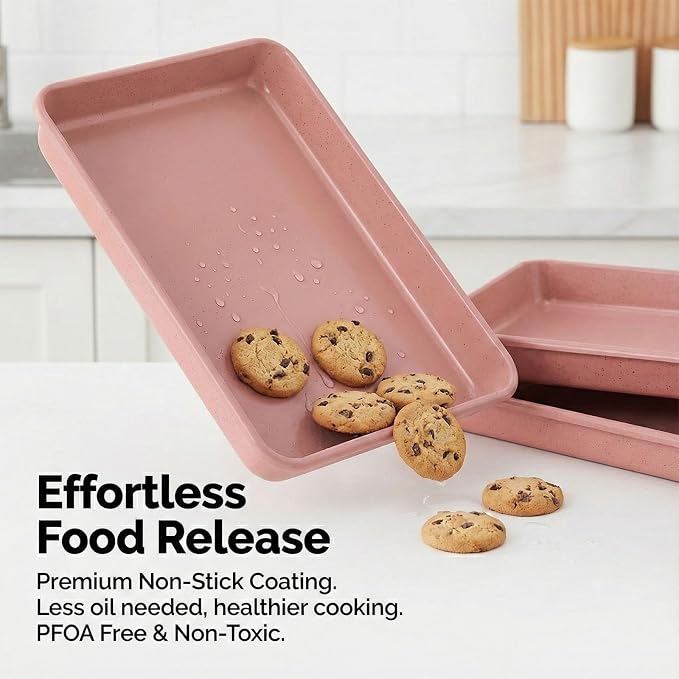 Toaster Oven Baking Pans Set of 3, Small 11x9 Inch Pink Nonstick Sheet Pans for Compact Ovens, Quarter Sheet Size for Roasting Vegetables, Brownies & Small Batch Cooking