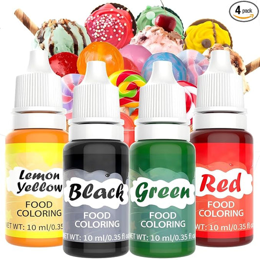 Food Coloring Liquid - 4 Bright Colors Food Dye, Food Grade Tasteless Concentrated Liquid Food Coloring Set for Cake Decorating, Baking, Cookie, DIY Making Supplies Kit- 0.35 Fl oz